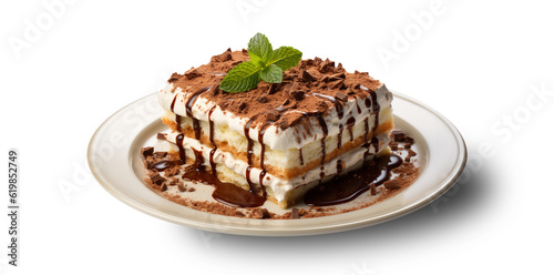 Tiramisu chocolate cake on plate isolated white background.