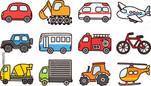 Set of simple and cute tranportation vehicles illustrations