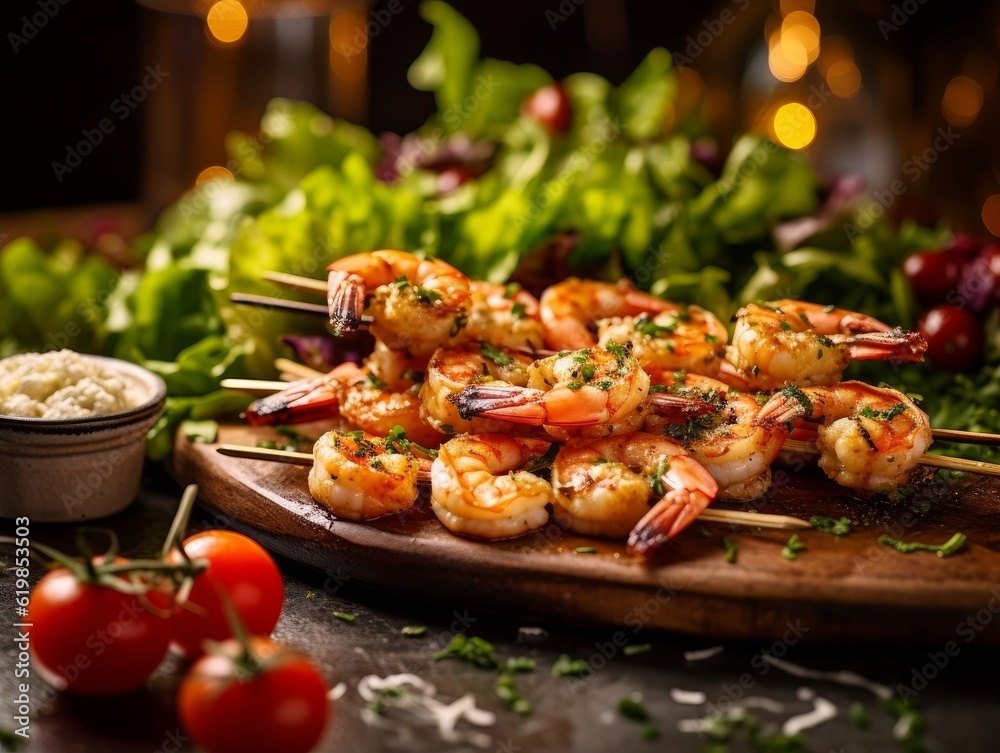 Scampi alla Griglia with juicy shrimp on a skewer and accompanied by a side salad Scampi alla Griglia with juicy shrimp on a skewer and accompanied by a side salad