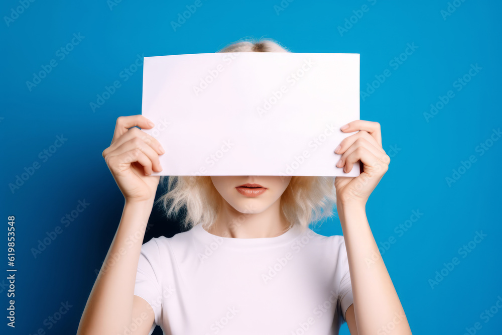 Trendy young woman holding a blank white banner sign over her face Trendy young woman holding a blank white banner sign over her face