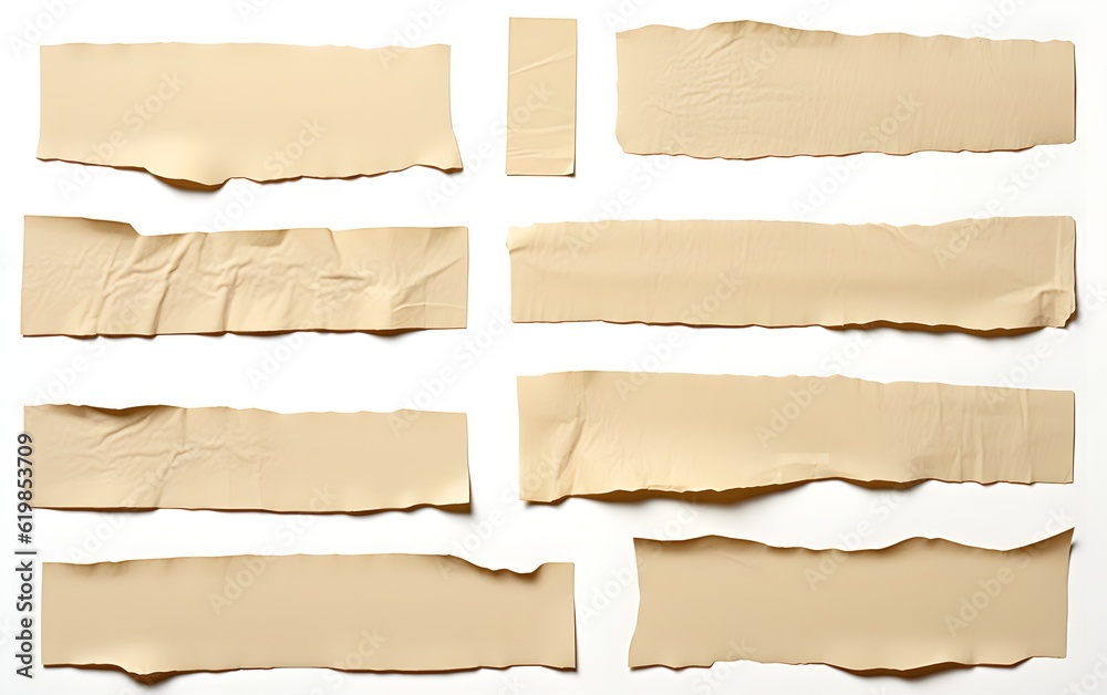 Collection of same beige paper scraps, ripped edges, cut-out design elements for messages, isolated on white, detailed, PNG, Generative AI, Generative, KI