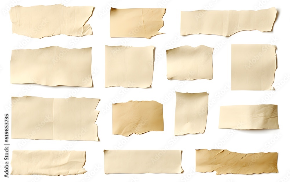 Beige paper tapes with ripped edges, collection of cut-out collage elements, text placeholders, isolated, detailed, PNG, Generative AI, Generative, KI