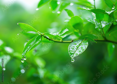 Fresh Green Branches and Leaves in Pouring Rain: Serene Nature in a Rainy Day