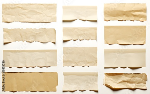 Comprehensive set of beige paper tapes, ripped edges detail, crafting base elements, perfect for messaging, overlay, presentations, isolated cut-out collage assets, Generative AI, Generative, KI