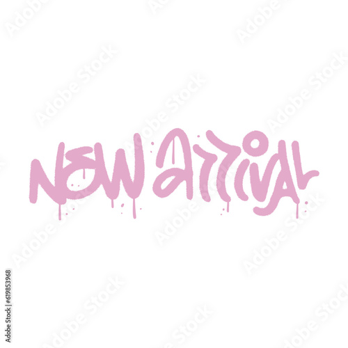 New arrival - Marketing tag, advertising sale label in urban graffity grungy style. New products promotion. Isolated vector 90s spray textured illustration