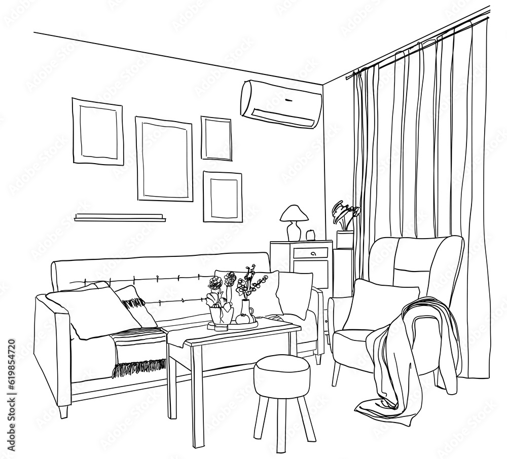 Fototapeta premium Line sketch of the interior living room.