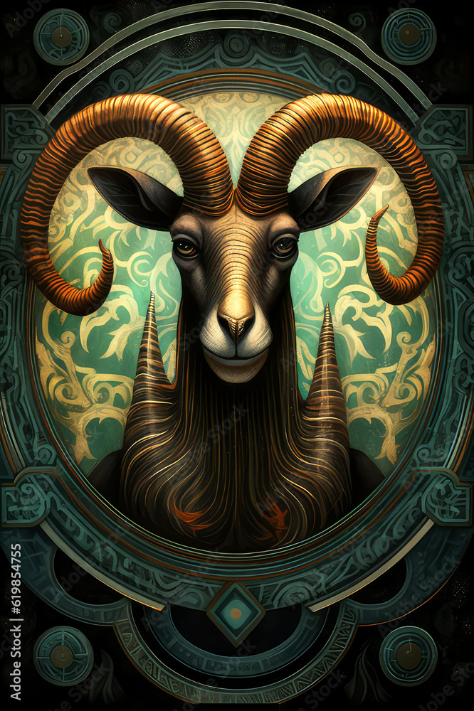 Obraz premium The Aries Enigma: Mystical Ibex Amidst Ancient Runes