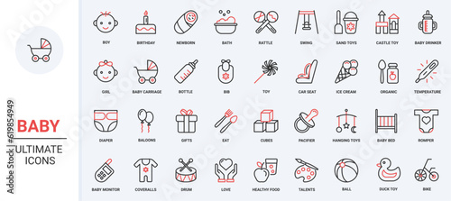 Red black thin line icons set for baby care. Toys and rattle for game activity of kid, nappy diaper, pacifier for newborn, bed carriage for infant child, girl boy faces vector illustration