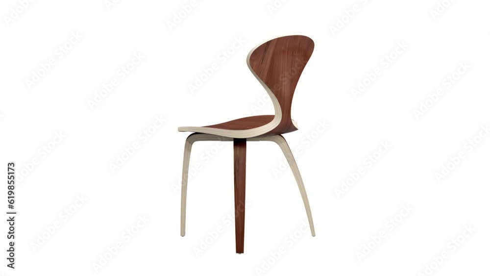 Circular animation of modern wooden chair on on wooden legs. Modern side chair on white background. 3d render Circular animation of modern wooden chair on on wooden legs. Modern side chair on white background. 3d render