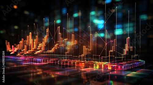 A dynamic visualization of the global economy, represented by a futuristic holographic stock market chart Generative AI