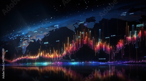 A dynamic visualization of the global economy, represented by a futuristic holographic stock market chart Generative AI