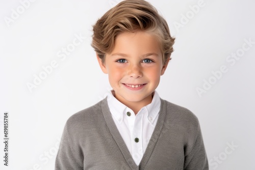 Portrait of a cute little boy with blond hair on white background