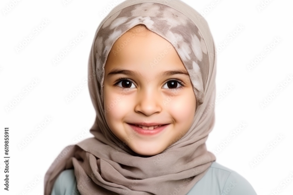 Medium shot portrait photography of a grinning child female wearing hijab against a white background