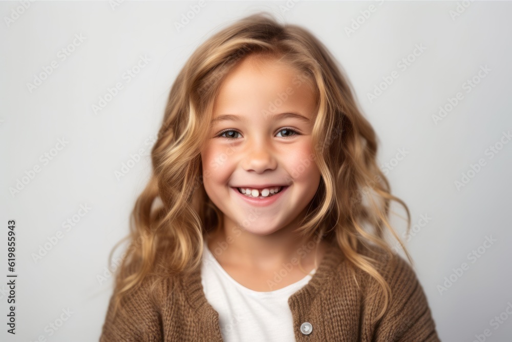 Portrait of a beautiful little girl with blond hair smiling on a gray background Portrait of a beautiful little girl with blond hair smiling on a gray background