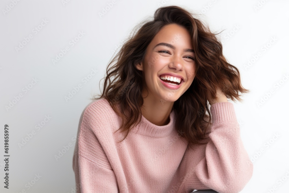 Portrait of a beautiful young woman laughing and looking at camera. Portrait of a beautiful young woman laughing and looking at camera.