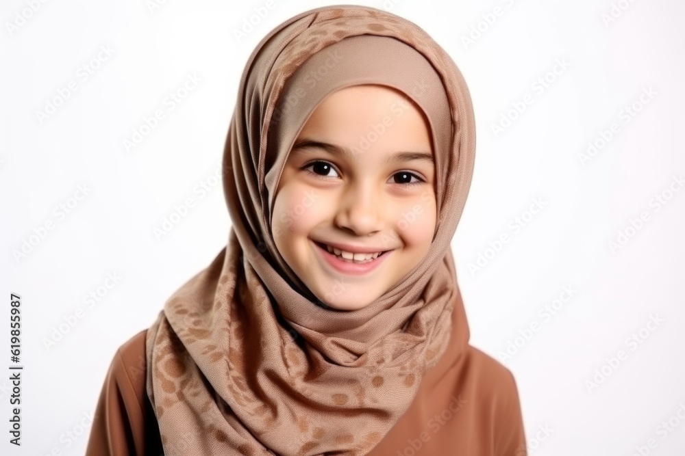 Hijab little girl smiling on white background with copy space. Hijab little girl smiling on white background with copy space.