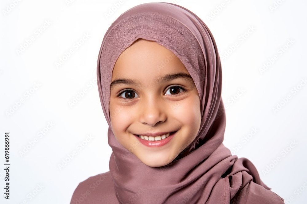 portrait of cute little muslim girl smiling at camera isolated on white portrait of cute little muslim girl smiling at camera isolated on white