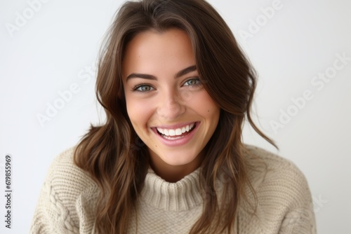Portrait of a beautiful young woman smiling on a white background.