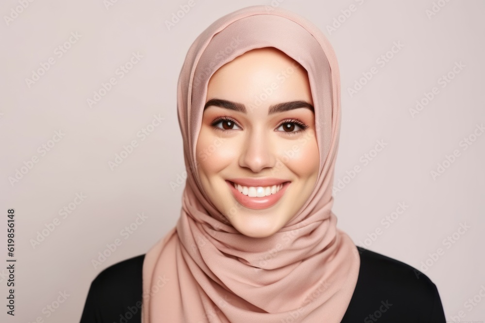 Portrait of beautiful young muslim woman with hijab smiling on grey background Portrait of beautiful young muslim woman with hijab smiling on grey background