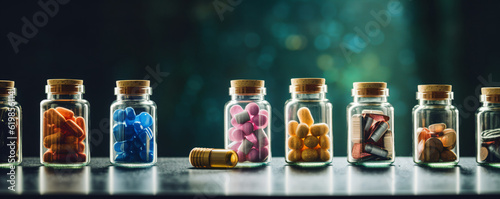 Medicine bottles with pills and capsules on dark background. Selective focus.