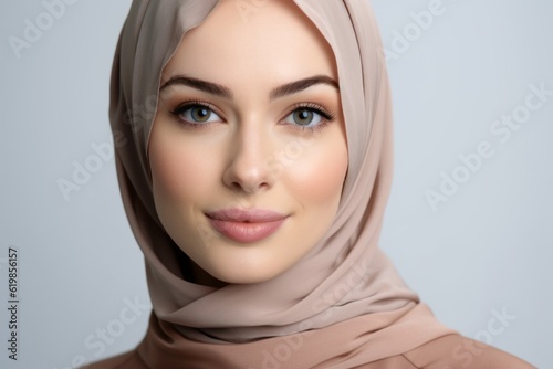 Close up portrait of beautiful muslim woman wearing hijab looking at camera