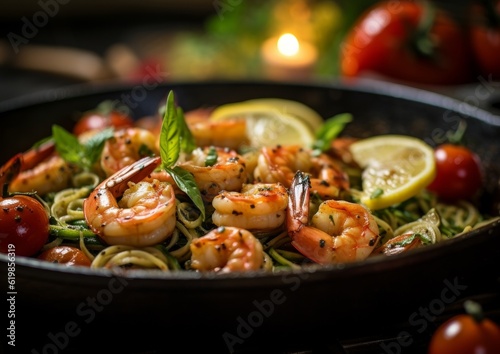 Scampi alla Griglia with succulent shrimp surrounded by sliced tomatoes and zucchini noodles