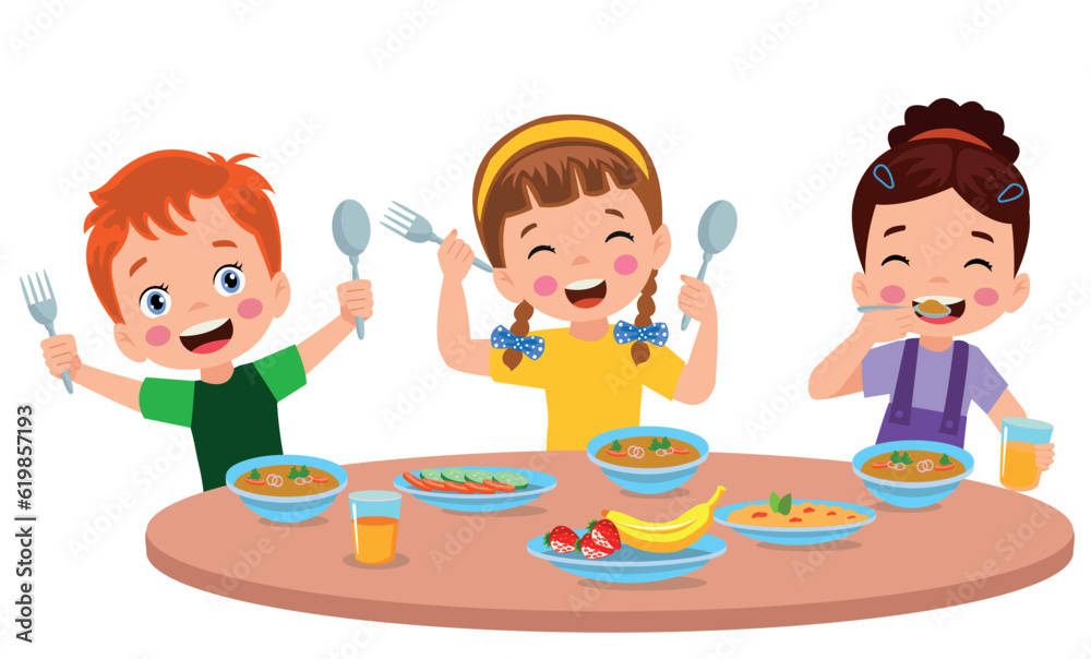 Boy and girls eating at the dining table Boy and girls eating at the dining table