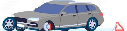 Broken car without wheel. Dangerous road situation