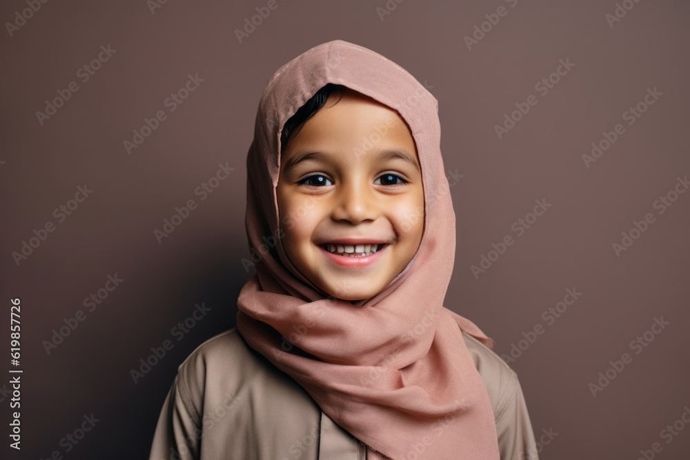 Portrait of a cute little muslim girl in hijab smiling at camera Portrait of a cute little muslim girl in hijab smiling at camera
