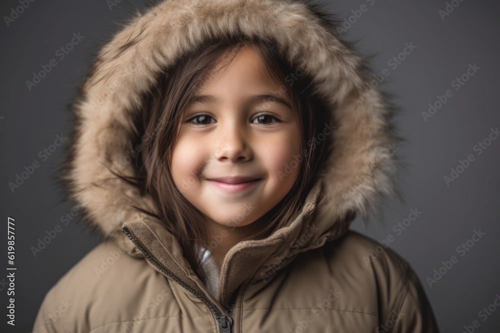 Portrait of a cute little girl in a warm coat on a gray background