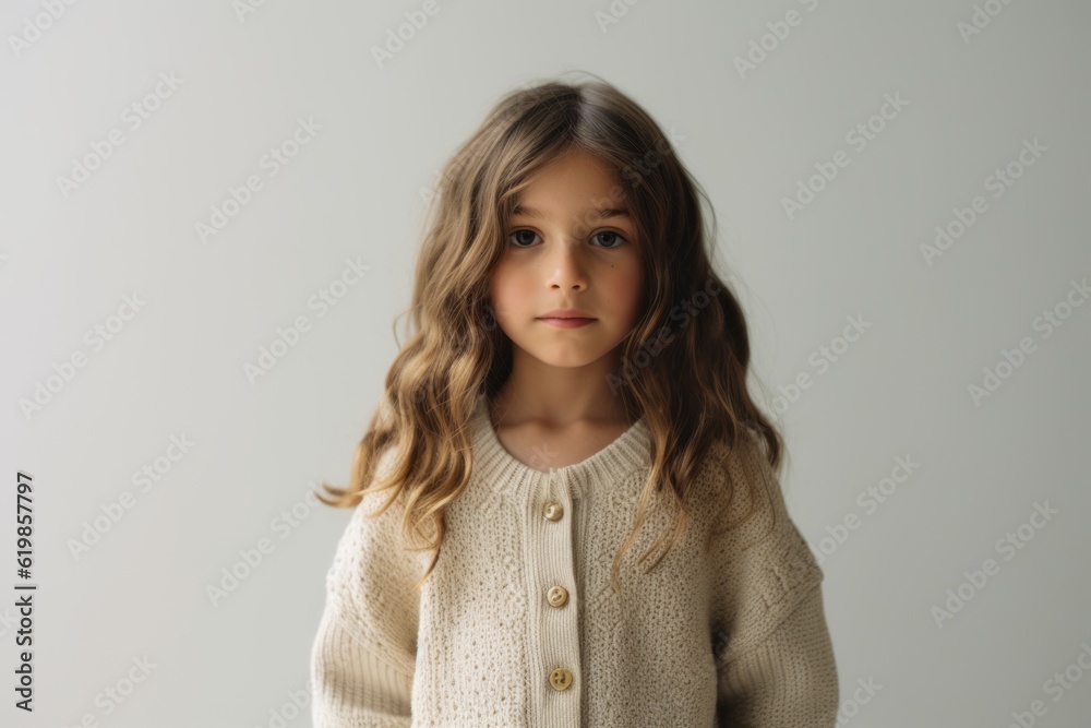 Portrait of a little girl with long hair in a white sweater. Stock ...