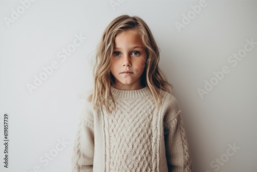 Lifestyle portrait photography of a serious child female wearing a cozy sweater against a minimalist or empty room background