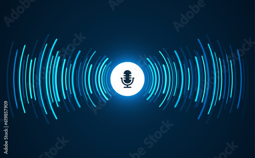 Podcast concept. Microphone with voice recording wave. Future technology