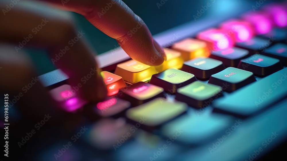 Close-up shot of human finger clicking computer keyboard rgb button Close-up shot of human finger clicking computer keyboard rgb button
