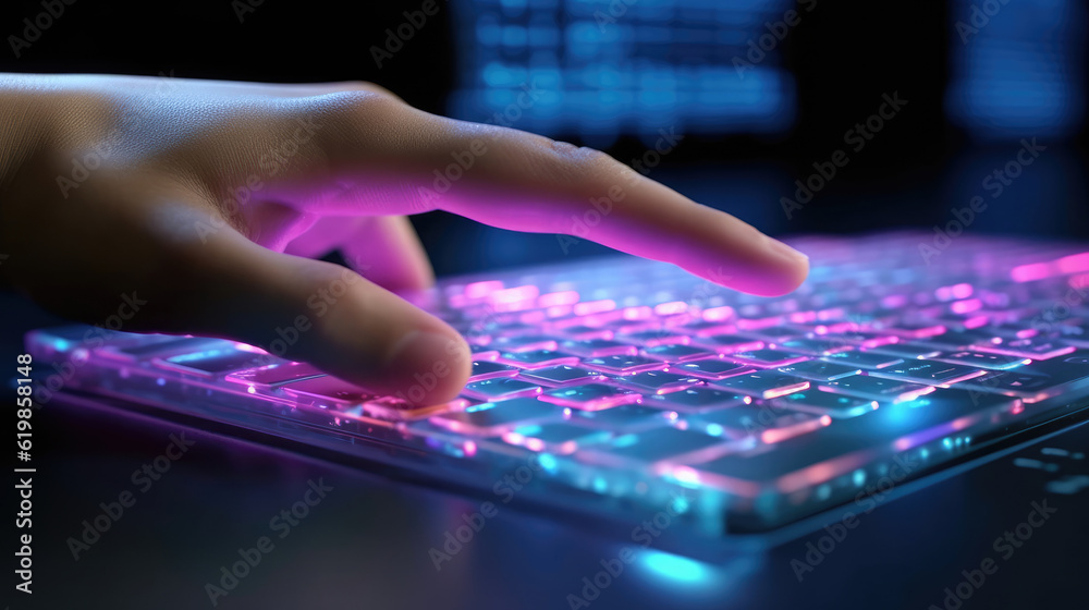 Close-up shot of human finger clicking computer keyboard rgb button Close-up shot of human finger clicking computer keyboard rgb button