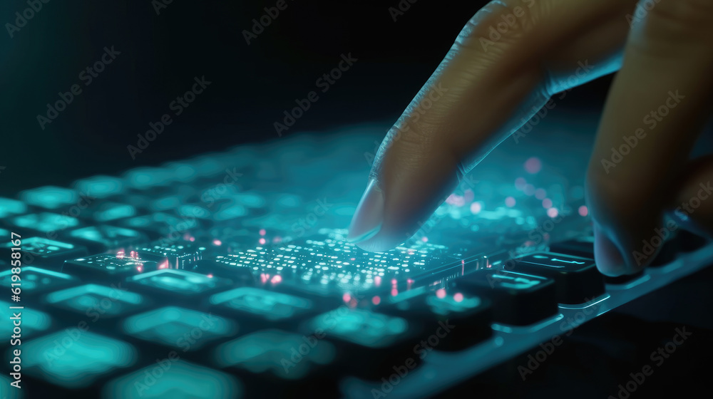 Close-up shot of human finger clicking computer keyboard rgb button Close-up shot of human finger clicking computer keyboard rgb button