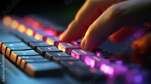 Close-up shot of human finger clicking computer keyboard rgb button