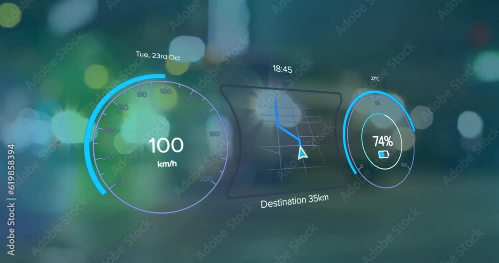 Animation of electric car speedometer data processing over city Animation of electric car speedometer data processing over city