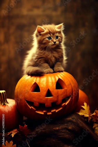 Kitten sitting on pumpkin decoration for halloween holiday background Jack Lantern, generated by AI