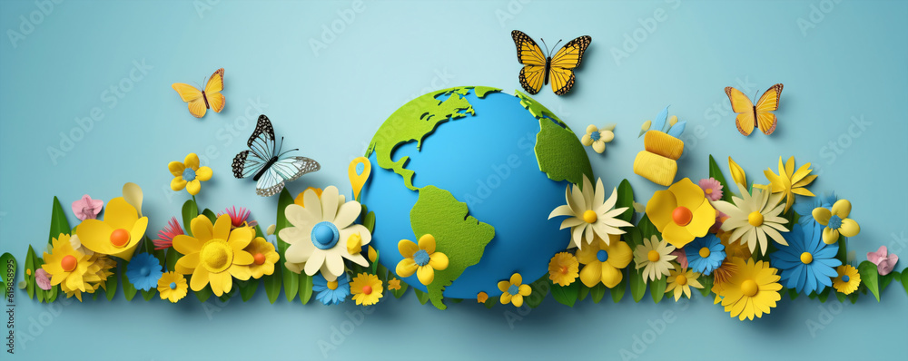 Paper cut of earth with flowers and butterflies on blue background. illustration.