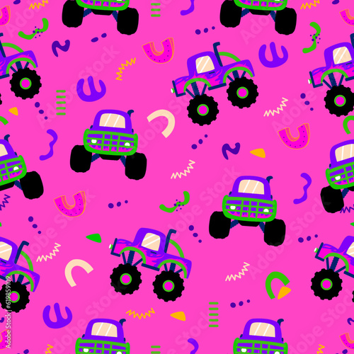Monster truck  cartoon pattern design .monster truck pattern for kids clothing, printing, fabric ,cover.Monster car seamless pattern.