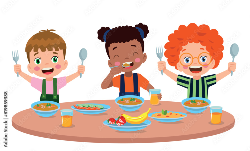 Boy and girls eating at the dining table Boy and girls eating at the dining table