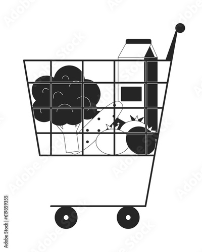 Shopping cart with purchases flat monochrome isolated vector object. Healthy food in basket. Editable black and white line art drawing. Simple outline spot illustration for web graphic design