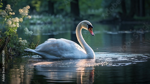 A poised and elegant swan glow drifting through a serene pond Generative AI