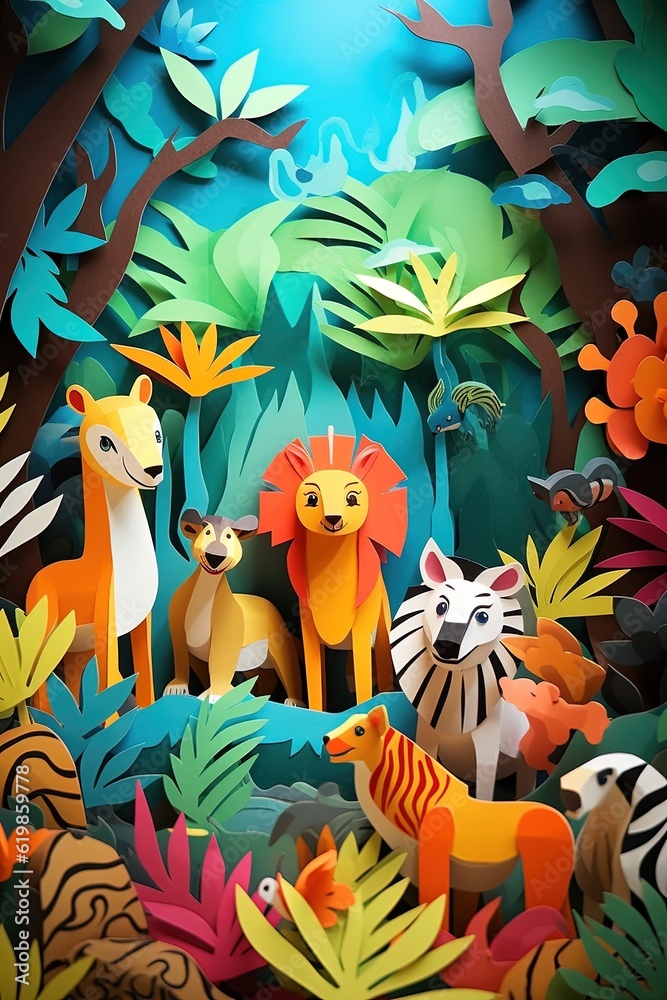 Paper cut landscape jungle with animals illustration for kids made with Generative AI Paper cut landscape jungle with animals illustration for kids made with Generative AI