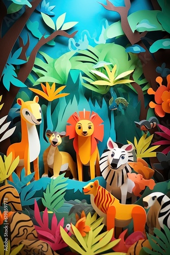 Paper cut landscape jungle with animals illustration for kids made with Generative AI 