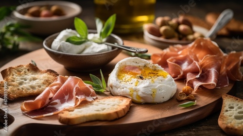 Burrata with Prosciutto served on a rustic wooden platter, paired with crackers and olives