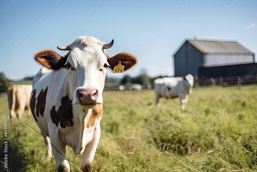 ai generated a background image Rustic farm full of dairy cows and green fields, bright sky.