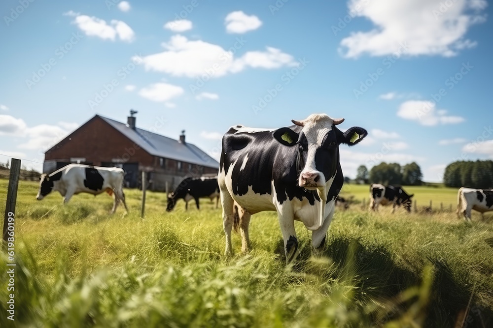 ai generated a background image Rustic farm full of dairy cows and green fields, bright sky. ai generated a background image Rustic farm full of dairy cows and green fields, bright sky.