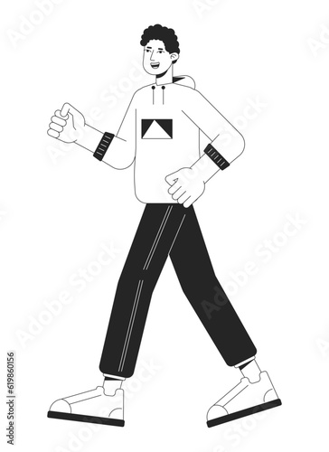 Happy man walking flat line black white vector character. Editable outline full body of active person. Everyday activity simple cartoon isolated spot illustration for web graphic design